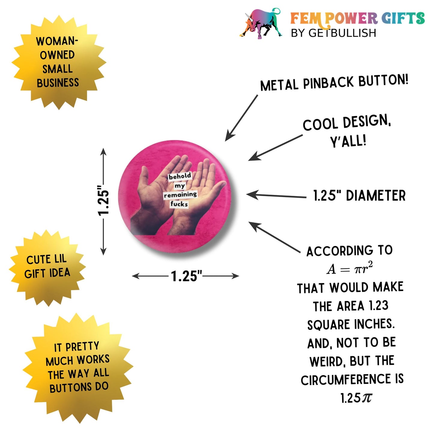 Behold My Remaining Fucks 1.25" Button Pin in Hot Pink | Sweary Pinback Button Badge