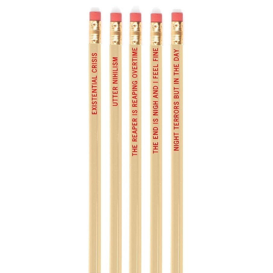 EXISTENTIAL CRISIS Pencil Set | 5 Cedar Pencils | Cream with Blood-Red Foil Stamping