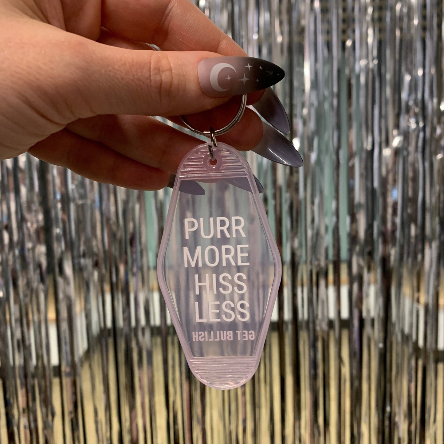Purr More Hiss Less Motel Style Keychain in Pink Translucent