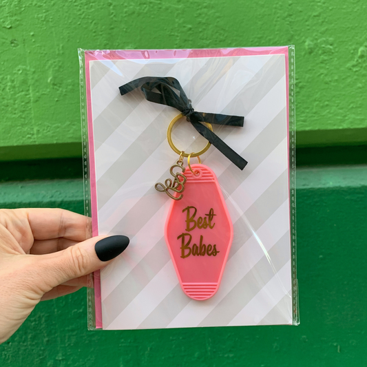 Best Babes Motel Style Keychain with Birthday Greeting Card