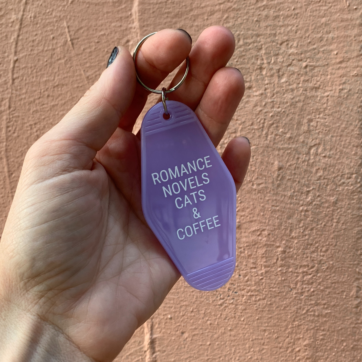 Romance Novels Cats & Coffee Motel Style Keychain in Purple
