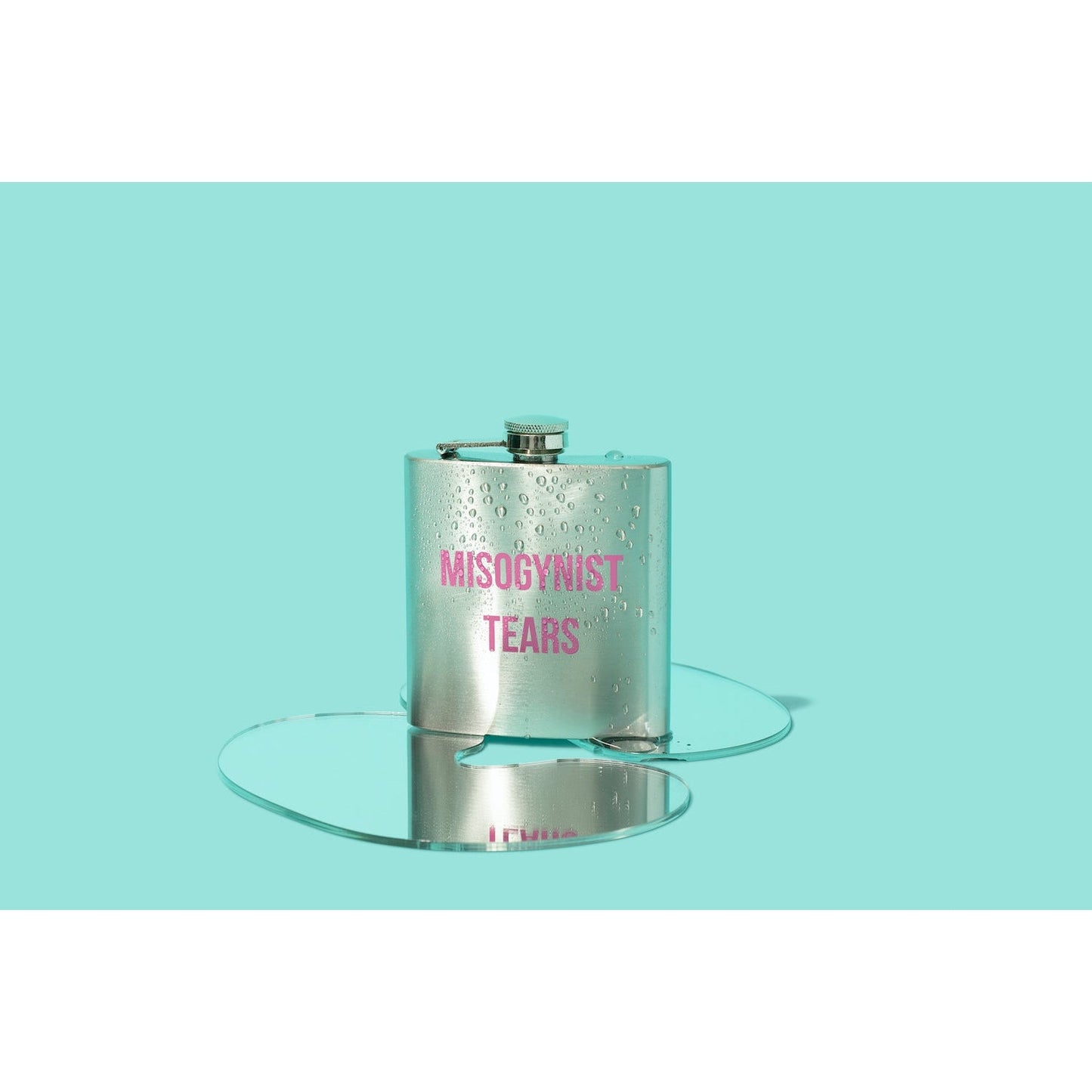 Misogynist Tears Flask in Silver with Pink Lettering