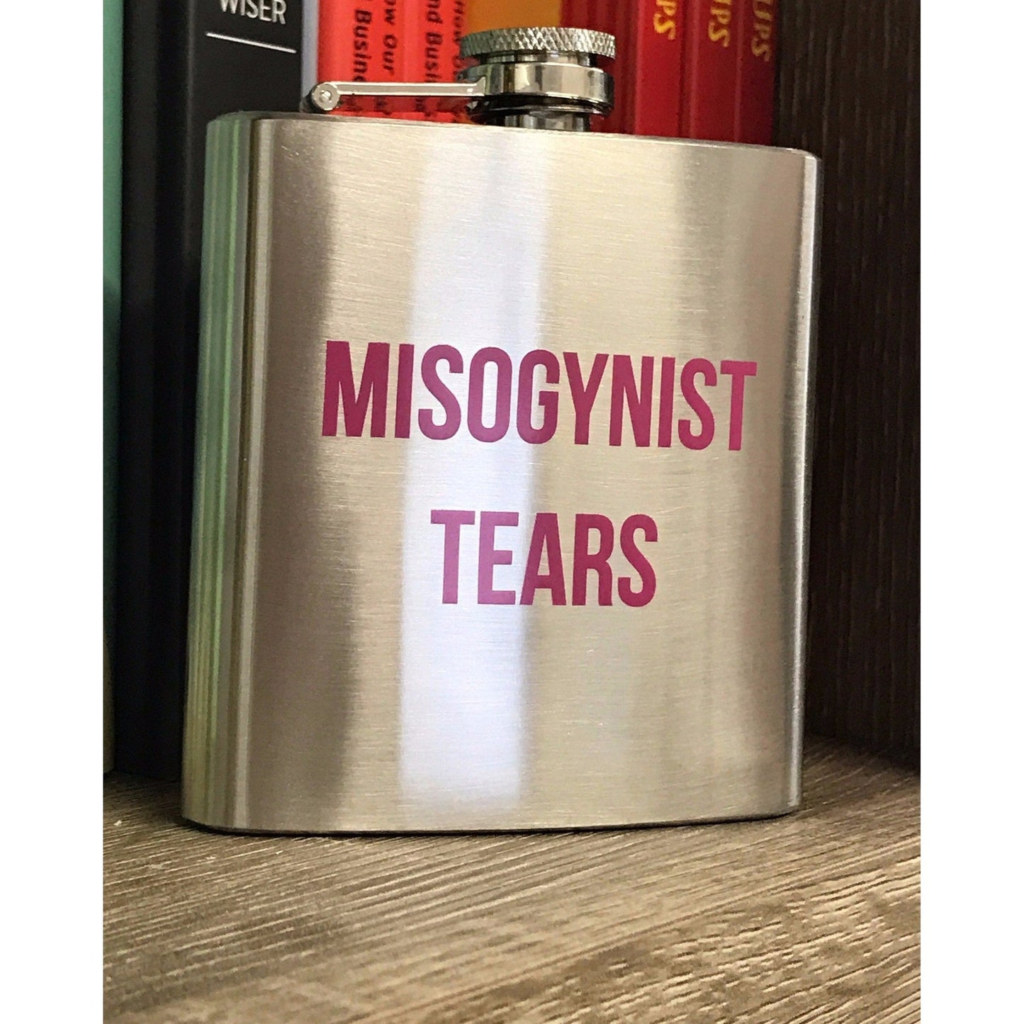 Misogynist Tears Flask in Silver with Pink Lettering