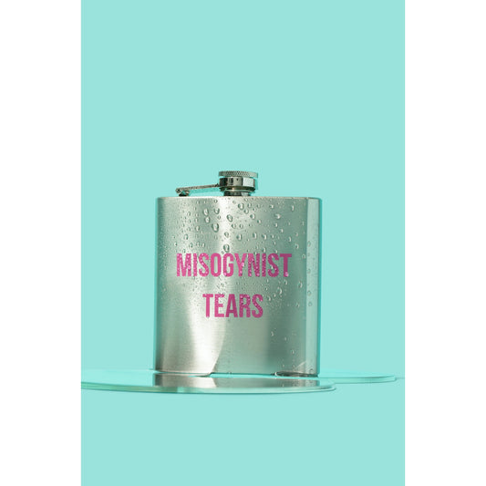 Misogynist Tears Flask in Silver with Pink Lettering