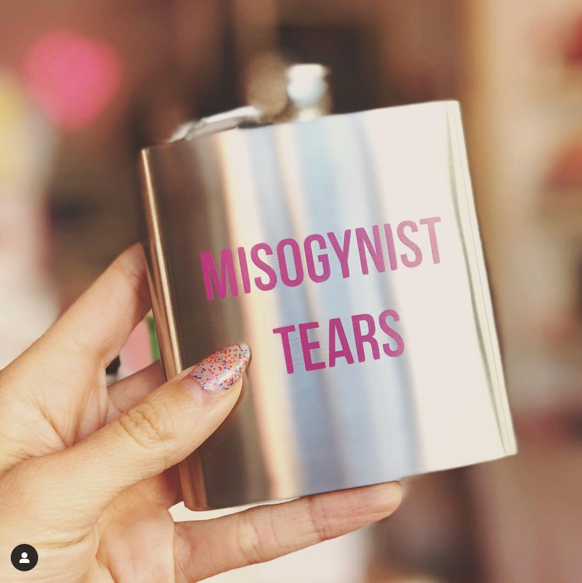 Misogynist Tears Flask in Silver with Pink Lettering