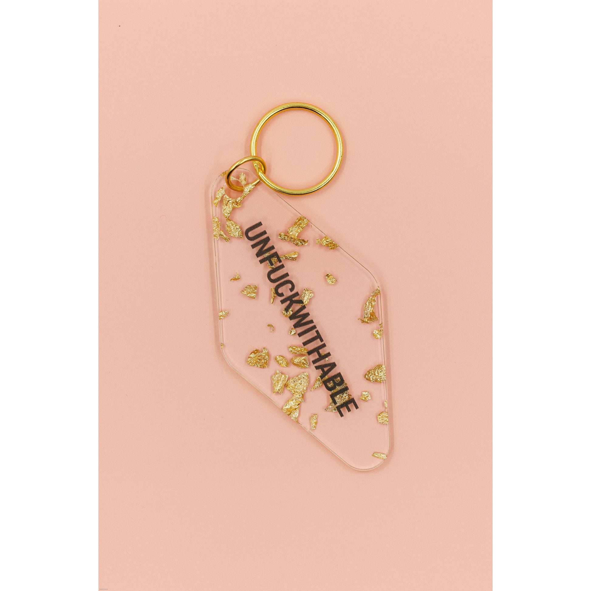 UNFUCKWITHABLE Motel Style Key Tag Keychain in Clear with Gold Leaf
